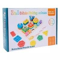 Jouet éducatif Montessori en bois 3D 2-en-1 pour l'éveil précoce, avec 6 jeux de colonnes de pêche et blocs de construction, pour l'association des couleurs et des formes, pour enfant