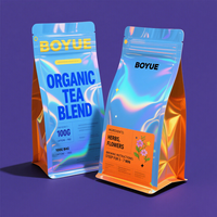 Sachet plat personnalisé OEM en aluminium holographique avec fond plat, résistant à l'humidité, thermoscellable, pour thé, café, cadeaux