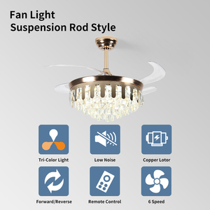 Bán Buôn Đèn Chùm Quạt Trần Với Ánh Sáng 42 "48" Có Thể Thu Vào Quạt Trần Đèn Chùm Pha Lê Fan LED Thay Đổi Độ Sáng DC Động Cơ 6 Tốc Độ - Product Image 5