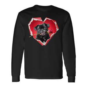 T-shirt unisexe à manches longues col rond avec impression numérique motif Pug Rose Cœur de Chien Saint-Valentin pour adultes, cadeaux de mariage et de fête nuptiale - Product Image 1