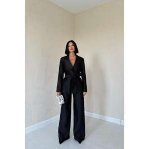 Elegant Black Belted <b>Suit</b> Set Women's Satin Pants <b>Jacket</b> Anti-Wrinkle 100% Polyester - Product Image 4