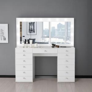 <span class=keywords><strong>Coiffeuse</strong></span> moderne blanche pour fille avec grand <span class=keywords><strong>miroir</strong></span> LED, plateau en verre et tiroirs multiples - Product Image 1