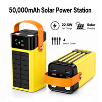 Batterie externe solaire 50000mAh 22.5W, chargeur portable à charge super rapide avec 4 câbles intégrés pour le camping en plein air