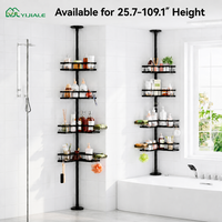 YIJIALE Étagère d'angle de douche en métal à tension, 4 niveaux, diamètre 25 mm Support de rangement robuste, réglable, sans perçage, étanche et antirouille
