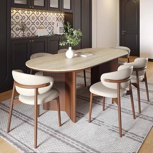 Mesa de Comedor Moderna de Madera de Nogal con Base Ovalada de Travertino, Juego de Mesa de Comedor con 8 Sillas para Restaurante, Hogar, <span class=keywords><strong>Cena</strong></span> - Product Image 3