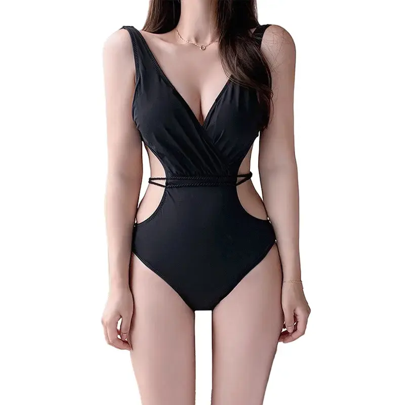 Maillot de bain une pièce sexy et mince pour femmes, ensemble bikini froncé pour couvrir le ventre, dos nu