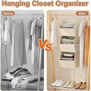 Hanging Closet Organizer 3 Shelf Fabric <b>Storage</b> With Mesh Pocket For Clothes Bedroom Use Foldable Hook Type - Product Image 6