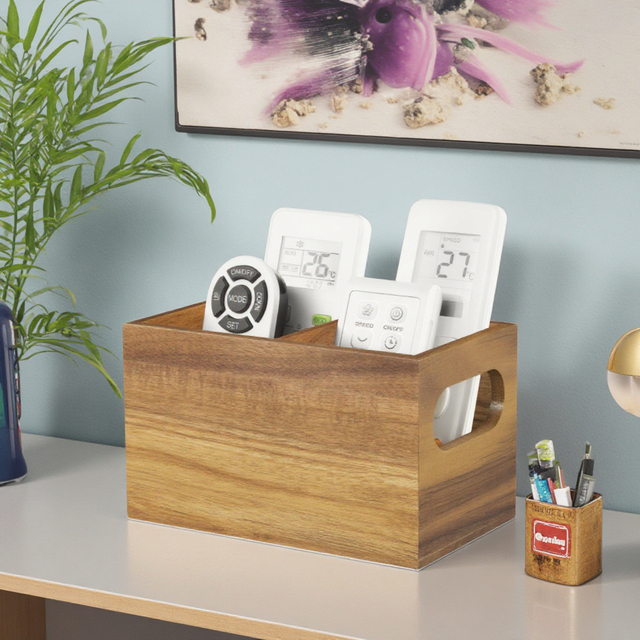 Custom Modern Acacia Wood TV Remote Organizer Holder with Sustainable Durable Design for Table Storage Home Decor