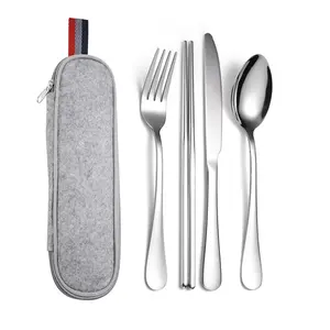 可重复使用的带袋的旅行不锈钢餐具餐具套装