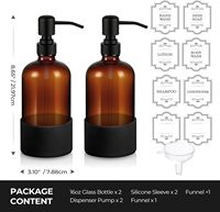 Distributeur de savon rechargeable en verre ambré de 16 oz, flacon pompe pour savon à vaisselle, distributeurs avec pompe en acier inoxydable et manchons en silicone