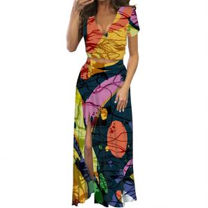 Trừu Tượng Hình Học Khối Màu Sắc Tùy Chỉnh In Của Phụ Nữ Sexy Ngắn Tay Áo Crop Top Và Đùi Cao Slit Dresses Phù Hợp Với 2 Mảnh Bộ - Product Image 3