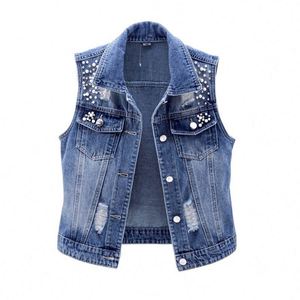 I-0593 Gilet en jean pour femme, nouveau style, délavé, déchiré, brodé, sans manches, veste en jean pour femme - Product Image 1
