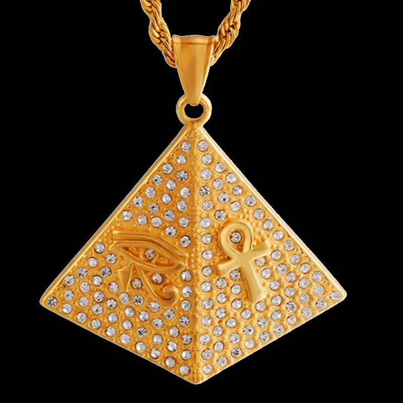 HipHop Triángulo Pirámide egipcia RA Colgante Oro Acero inoxidable Ojo de Horus Amuleto Collar para hombres Mujeres
