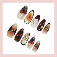 Faux ongles à presser personnalisés en forme d'amande, motif écaille de tortue vintage, dentelle florale cerise 3D, breloques métalliques dorées, réutilisables