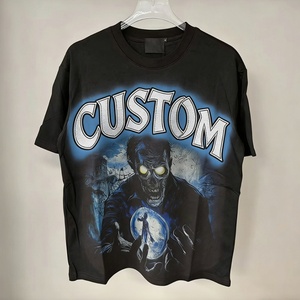 T-shirt vintage surdimensionné en coton noir pour homme avec logo graphique imprimé numériquement à l'encre blanche et strass, design personnalisé - Product Image 1
