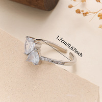 Bague ouverte réglable en laiton et zircon, double cœur, empilable, pour femme