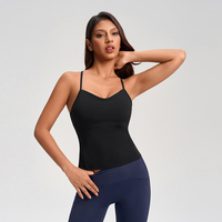 Débardeur de yoga pour femme avec soutien-gorge intégré, col en V, bretelles spaghetti, effet ventre plat, respirant, en nylon et élasthanne brossés double face, pour la gym