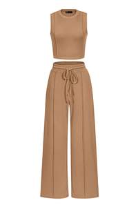 Fabricants de vêtements Hauts sans manches côtelés pour femmes et pantalons décontractés Ensemble 2 pièces décontracté personnalisé de haute qualité pour femmes - Product Image 6