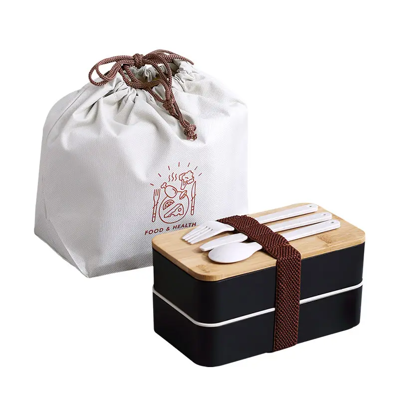 กล่องข้าวญี่ปุ่น2ชั้นพลาสติกฝาไม้ไผ่เข้าไมโครเวฟ,กล่องเบนโตะสำหรับเด็กพร้อมกล่องใส่อาหารกลางวัน