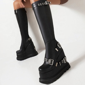 Super High Wedge <b>Heel</b> Women's Long Boots Bright Patent Buckles Knee-high Booties Thick Sole Winter Platform Shoes - Product Image 1
