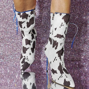 Botines de tacón alto azules con cordones laterales y estampado de vaca, talla grande 47, para mujer, ajuste ancho, estilo vestir - Product Image 3