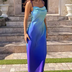 Aschulman hecho a medida Midi espalda descubierta Royal Color sólido azul degradado graduación satén cuello Halter mujer vestido para fiesta Sexy