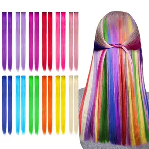 22 Inch Colored Highlight Synthetic Hair Extensions Rainbow Long Straight Hairpieces for Women Kids Girls Purple Pink Blue