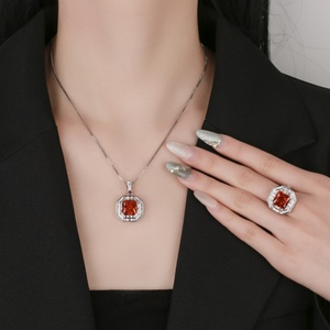 Premium Eco-friendly Copper High Quality Jewelry Set 10*10mm Square Cut <b>Red</b> Cubic Zirconia Iced Out Necklace Ring for Women <b>Gift</b> - Product Image 6