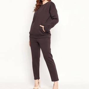 Ensemble de survêtement en tricot gris pour femmes, 2 pièces, sweat-shirt et pantalon de jogging, col rond, coupe ample, couleur unie, décontracté, à porter toute l'année - Product Image 4