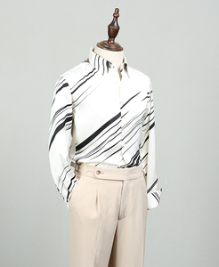 À la mode été formel à manches longues hommes <span class=keywords><strong>chemise</strong></span> noir et blanc imprimé contrasté col carré respirant <span class=keywords><strong>sans</strong></span> <span class=keywords><strong>repassage</strong></span> - Product Image 1