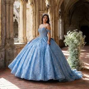 Vestido de Quinceañera Azul Brillante Xy008, Largo hasta el Suelo, con Cuentas de Lujo y Encaje, Hombros Descubiertos, para Fiesta de Cumpleaños - Product Image 1