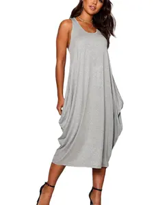 Women Summer 2021 Casual Plain Loose Fit Oversized Sleeveless Ruched Maxi Long Jersey Dresses