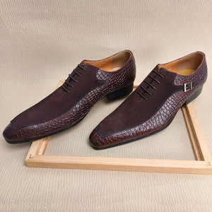 Zapatos <span class=keywords><strong>Oxford</strong></span> de vestir para hombre hechos a mano, formales de negocios, con punta, estampados, de ante de vaca, de primera capa, de cuero de vaca, patchwork, para oficina, boda, con cordones - Product Image 4