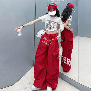 Ensemble de tenue d'été pour adolescente, t-shirt à manches courtes avec imprimé lettres noir et blanc + <span class=keywords><strong>pantalon</strong></span> <span class=keywords><strong>cargo</strong></span>, ensemble de 2 pièces tendance - Product Image 2