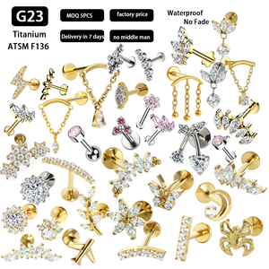 Gioielli per Piercing in Titanio ASTM-F136 con Zirconi, Orecchini a Lobo Piatto con Filettatura Interna per <span class=keywords><strong>Tragus</strong></span>, Helix, Daith, Labret e Anelli Labiali Sexy - Product Image 1