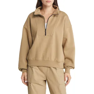 Custom Logo Private Label Womens Causal Hoodies Oversized 100% Cotton Half Zip Pullover Sweatshirt For Women