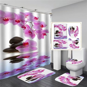 Set da bagno con paesaggi di fiori rosa di ciliegio primaverile Set di tende da doccia 4 pezzi con tappeti da bagno - Product Image 4