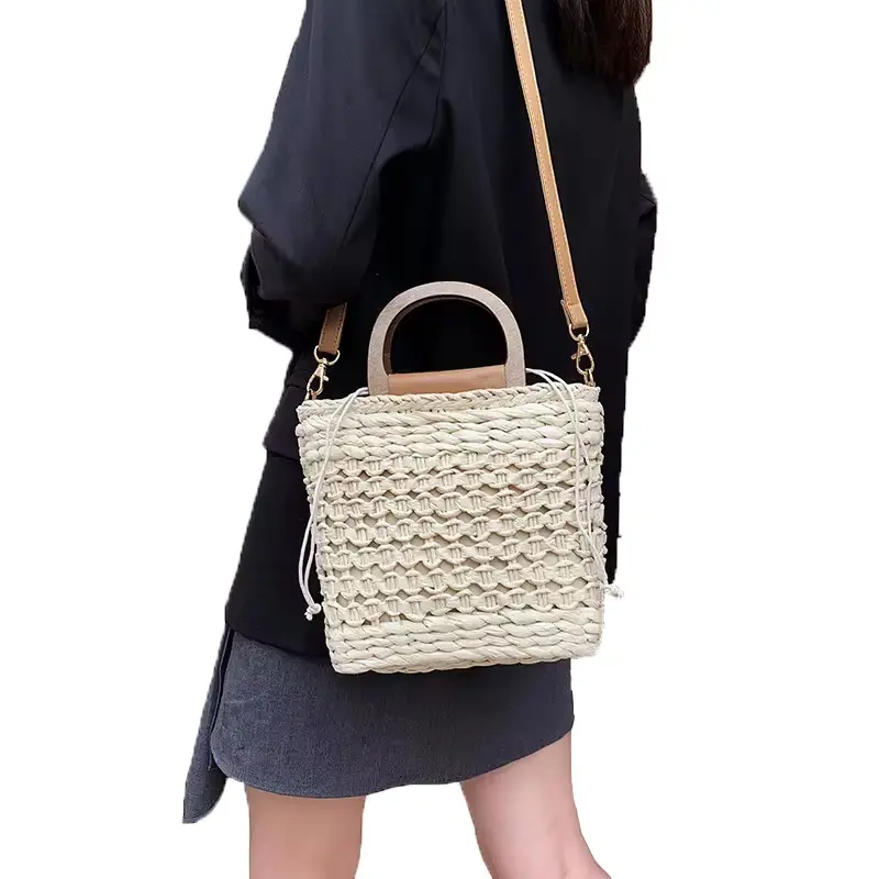 Straw Summer Women Large Capacity Beach Bag Ladies Women's Tote Hand Bags Contrast Color Paper Fashion Polyester Single Woven