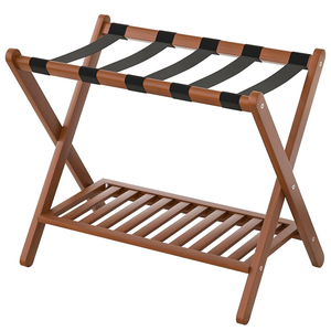 Hot Selling Custom 2 Tiers Wooden Folding Baggage Luggage Rack Hotel Room Bamboo Suitcase Stand With Black Straps