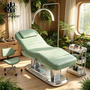 Cama de Masaje Eléctrica de Lujo Moderna en Verde Plateado para Salón de Belleza, Spa Facial, con 4 Motores, Tapizada en Cuero, para Pestañas - Product Image 1