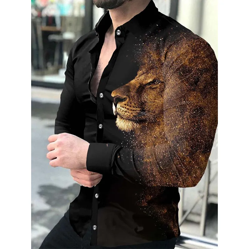 Luxury Social Men Shirts Turn-down Collar Buttoned Shirt Casual Tiger Print Long Sleeve Tops Men's Clothing Prom Party Cardigan
