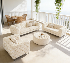 Ensemble de canapés en bouclette crème haut de gamme - Mobilier de salon capitonné de qualité supérieure (canapé + fauteuil + pouf) Pieds en métal robustes - Product Image 3