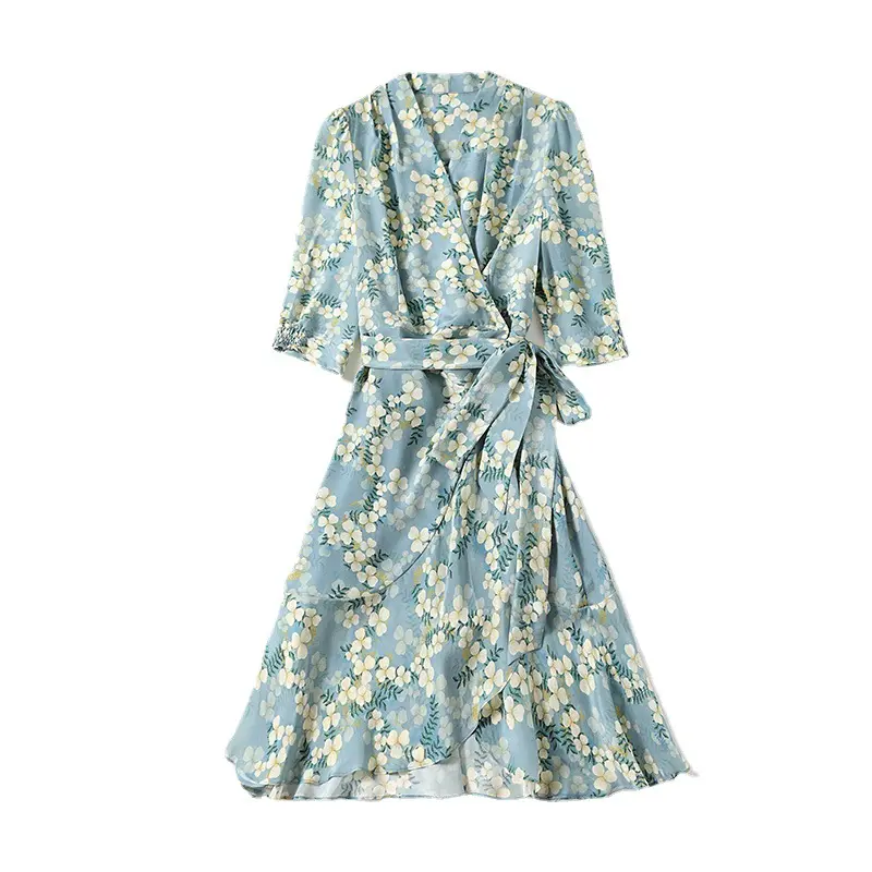 Ladies Floral Printing Silk Summer Trending Puff Sleeve Midi Bandage Pleated Ruffled Dresses Women