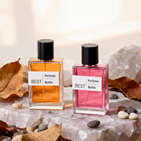 Vente en gros de flacons de parfum en verre cristal carré vides et uniques de 30 ml, 50 ml, 100 ml, avec bouchon en liège, impression sérigraphique, emballage de luxe
