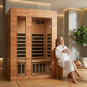Modern 2 Person Solid Hemlock Infrared Sauna Room for Home Spa 1 Year Warranty Wooden Indoor Cabin with Color LED Light - Product Image 1