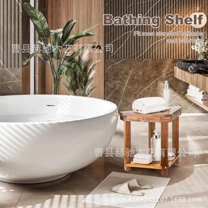 Hechi Wooden Bathroom Stool Corner <b>Shower</b> Footrest With Storage <b>Rack</b> Brown - Product Image 3