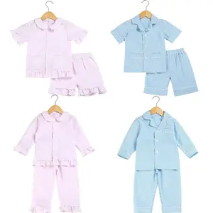 2022 spring summer RTS kids pajamas set 100% cotton seersucker pyjama toddler sleepwear boys and girls home wear