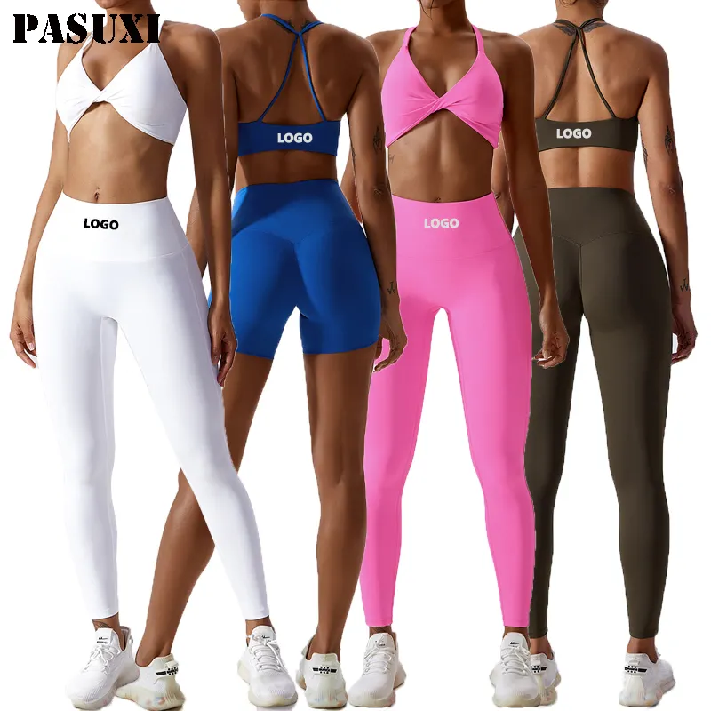 PASUXI Gym Clothing Active Wear Yoga Bra And Shorts Set Halter Tight Fitting Short Top Casual Trousers Suit