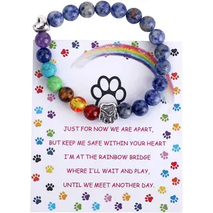 Pet Memorial Card Gifts Bracelet for Beloved Dog Cat 8MM Natural Stone 7 Chakra Dog Claw Bracelet Pet Sympathy Gift