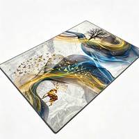 Luxuriöser Marmor-Rechteck-Teppich Blau-Gold Fließende Linien Elch-Vogel-Motiv Bedruckter Teppich mit Latex-Rückseite für Wohnzimmer Moderne Dekoration